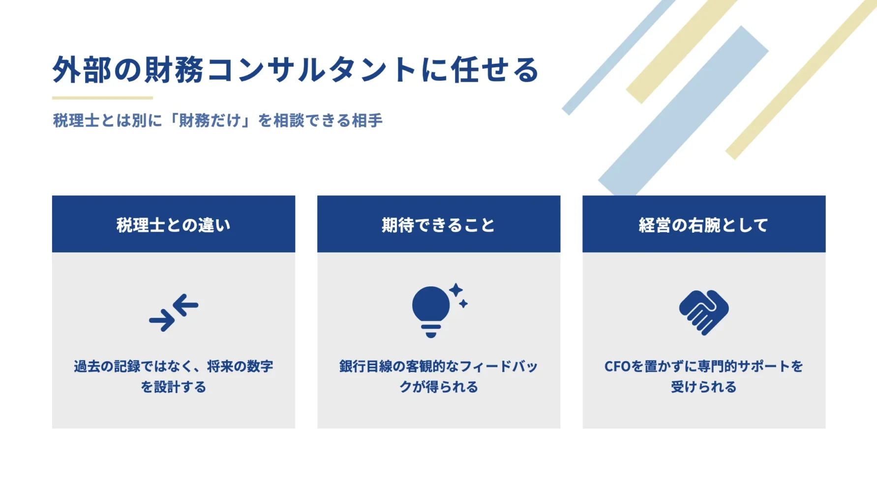 08_外部の予算策定を外部のコンサルタントに任せるのも有効：1. 税理士との違い、2. 期待できること、3. 経営者の右腕として使える