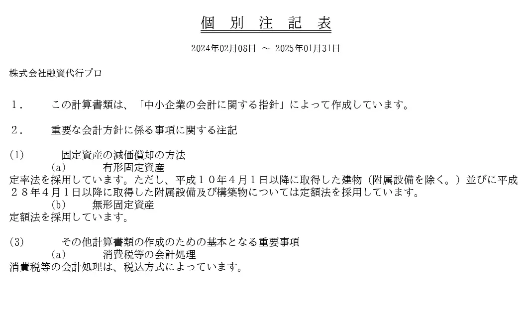 個別注記表_株式会社融資代行プロの決算書