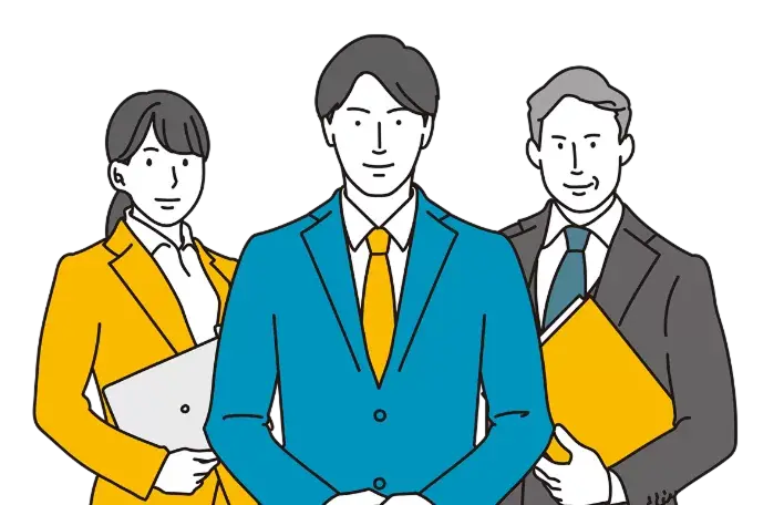スーツ姿の男女3人が笑顔で並ぶ、ビジネスシーンを描いたイラスト