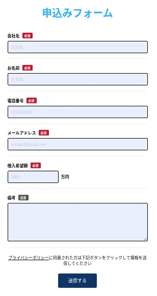 HTファイナンスの申込みフォーム