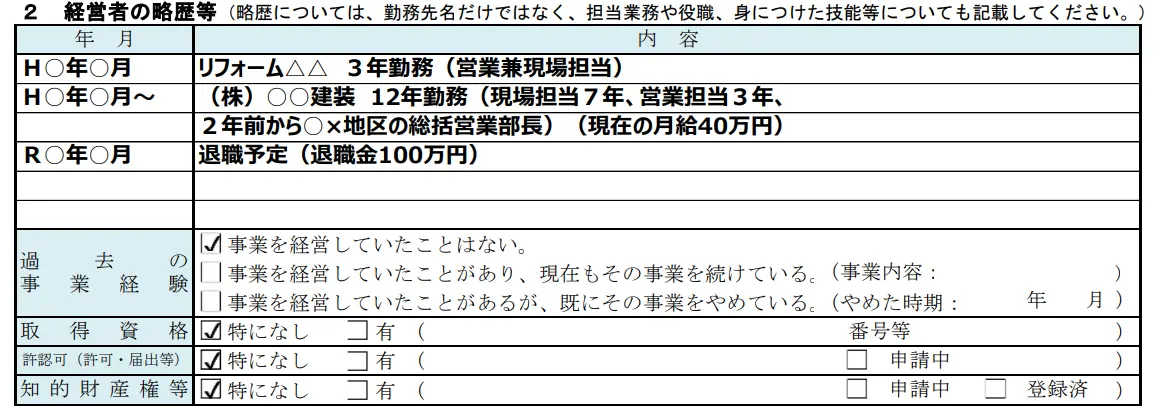「経営者の略歴等」の具体例_日本政策金融公庫の創業計画書