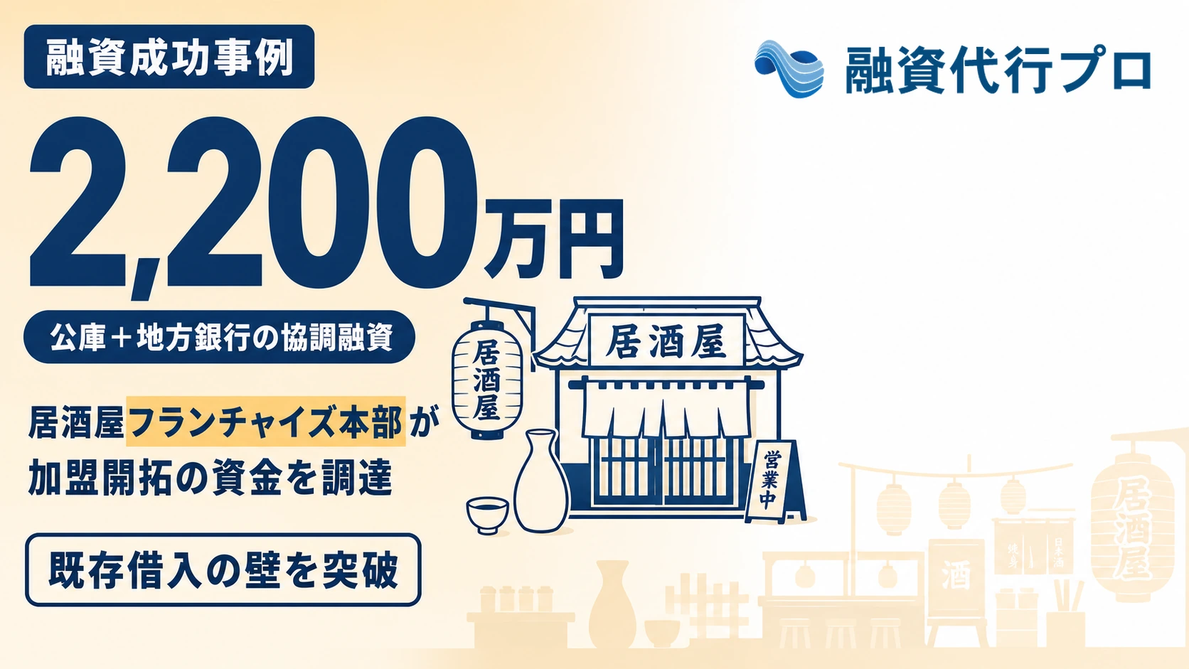 居酒屋フランチャイズ本部が加盟開拓と研修施設の資金として公庫と地方銀行の協調融資で2,200万円を調達した成功事例のアイキャッチ