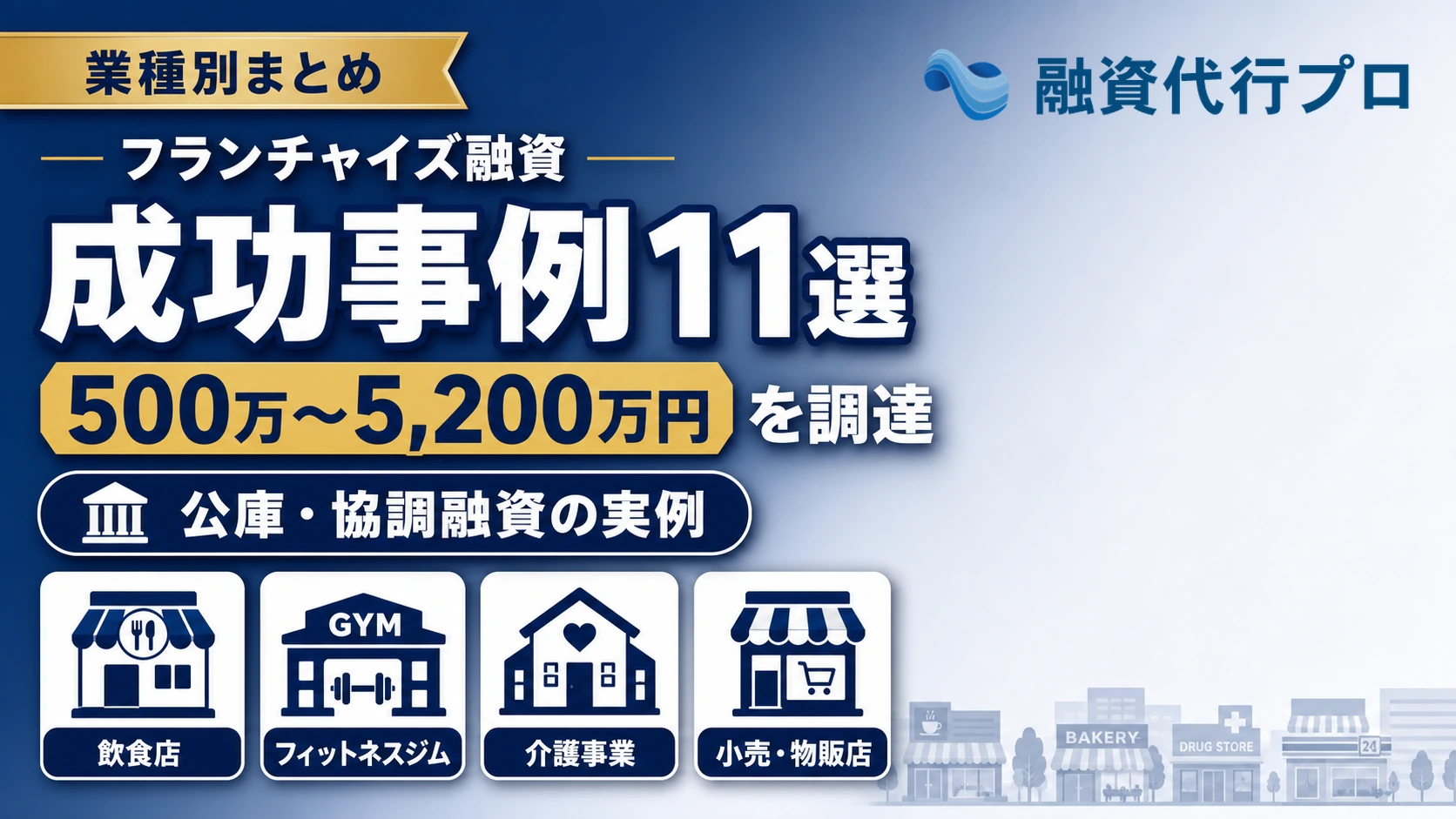 フランチャイズ本部・加盟店の融資成功事例11件をまとめ、公庫や協調融資で500万〜5,200万円を調達した実例を業種別に紹介するまとめ記事のアイキャッチ