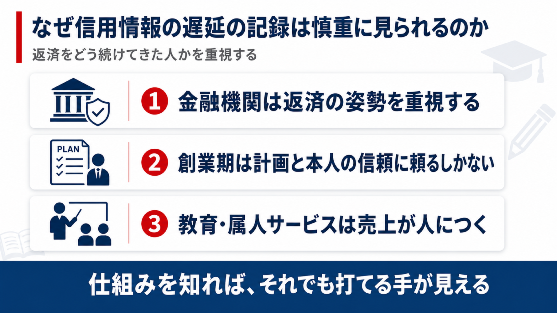 信用情報の遅延の記録が慎重に見られる3つの理由を整理した図