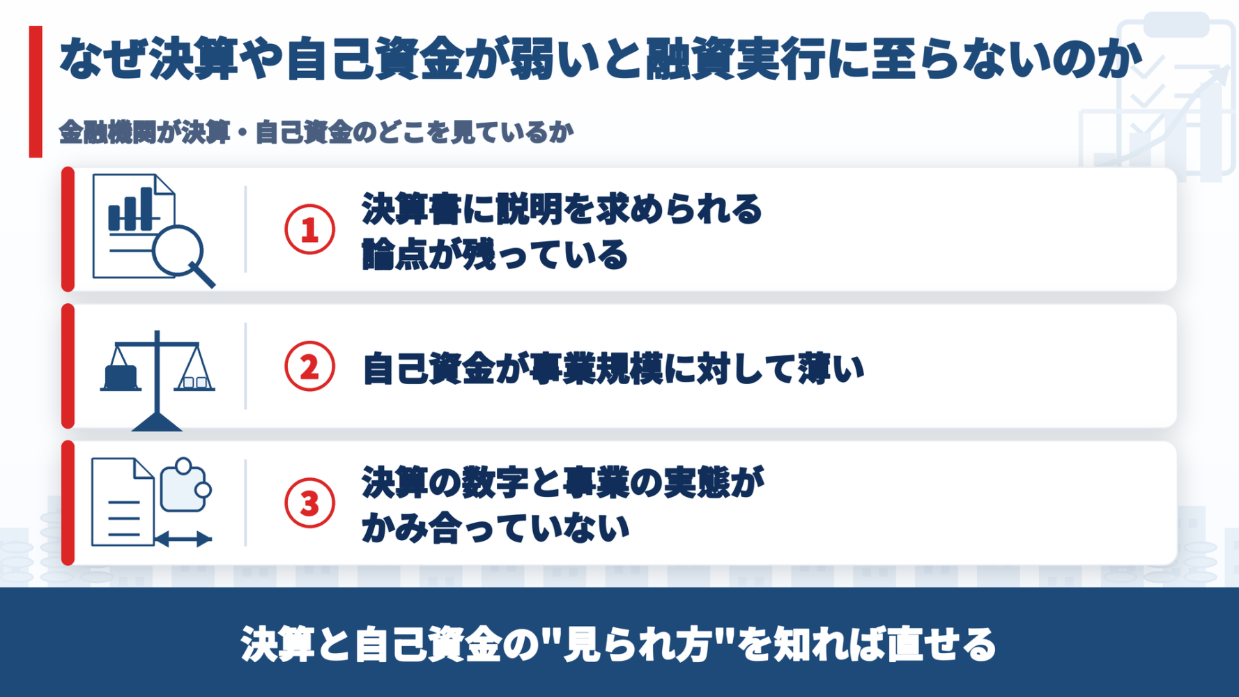 決算や自己資金が弱いと融資実行に至らない3つの理由を整理した図