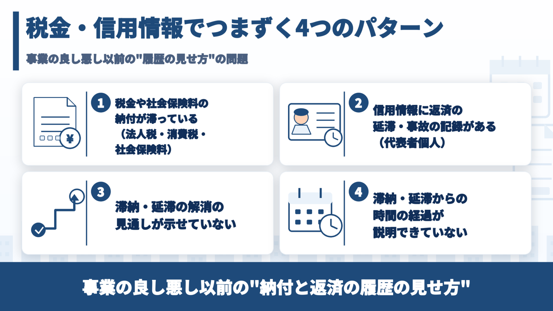 税金・信用情報でつまずく4つのパターンを整理した図