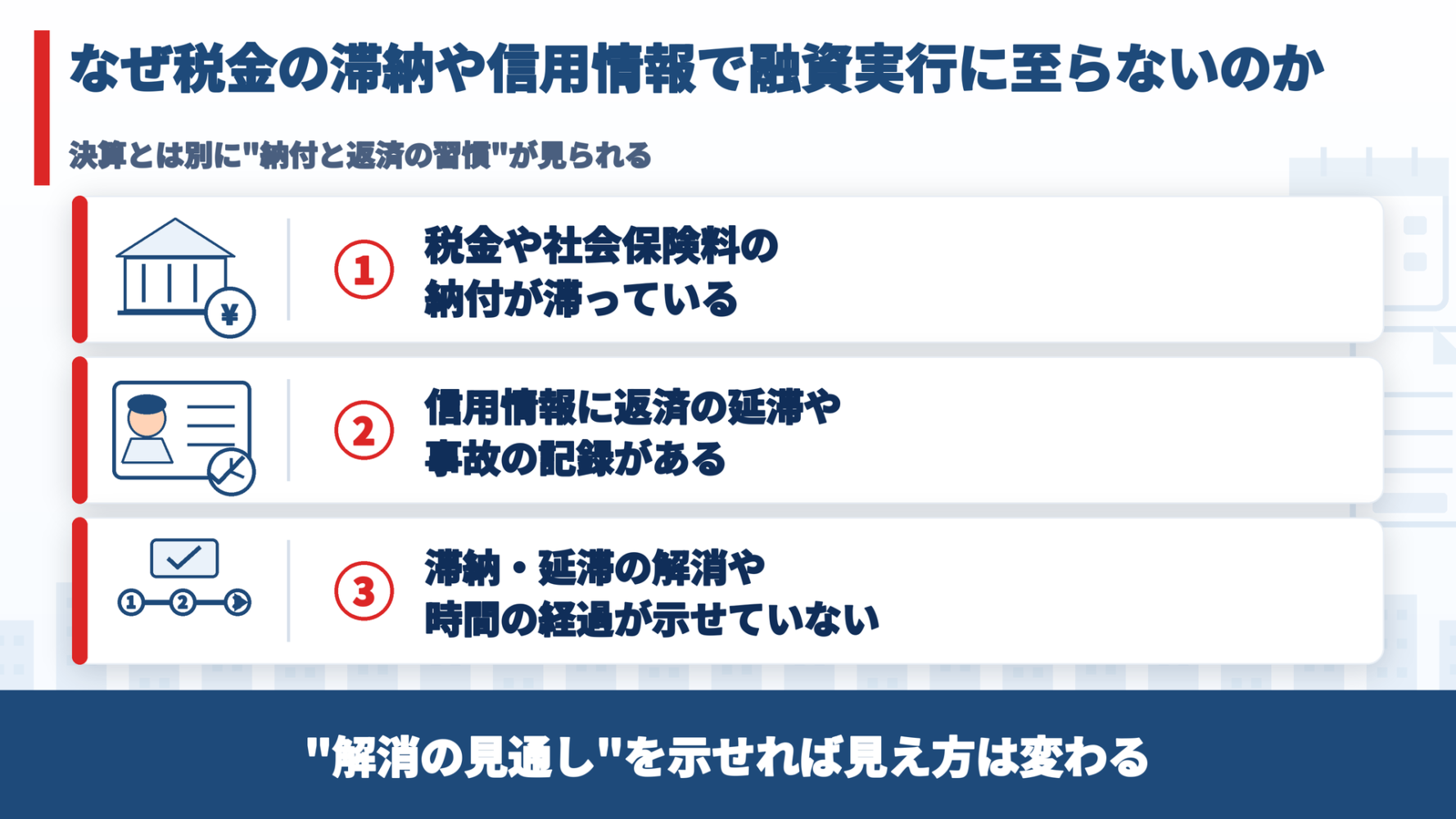 税金の滞納や信用情報が原因で融資実行に至らない3つの理由を整理した図