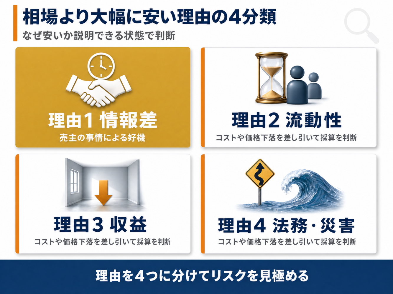 大幅値引き物件の安い理由を情報差・流動性・収益・法務と災害の4つに分けた2×2の図