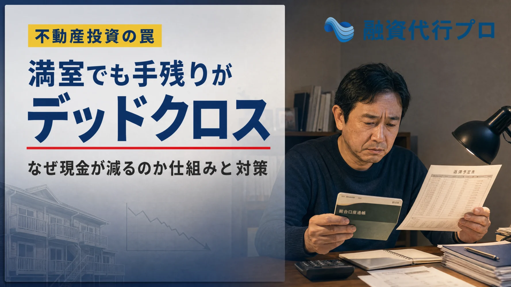 夜に通帳とローンの返済予定表を前に考え込む不動産オーナーと「不動産投資のデッドクロス」の文字