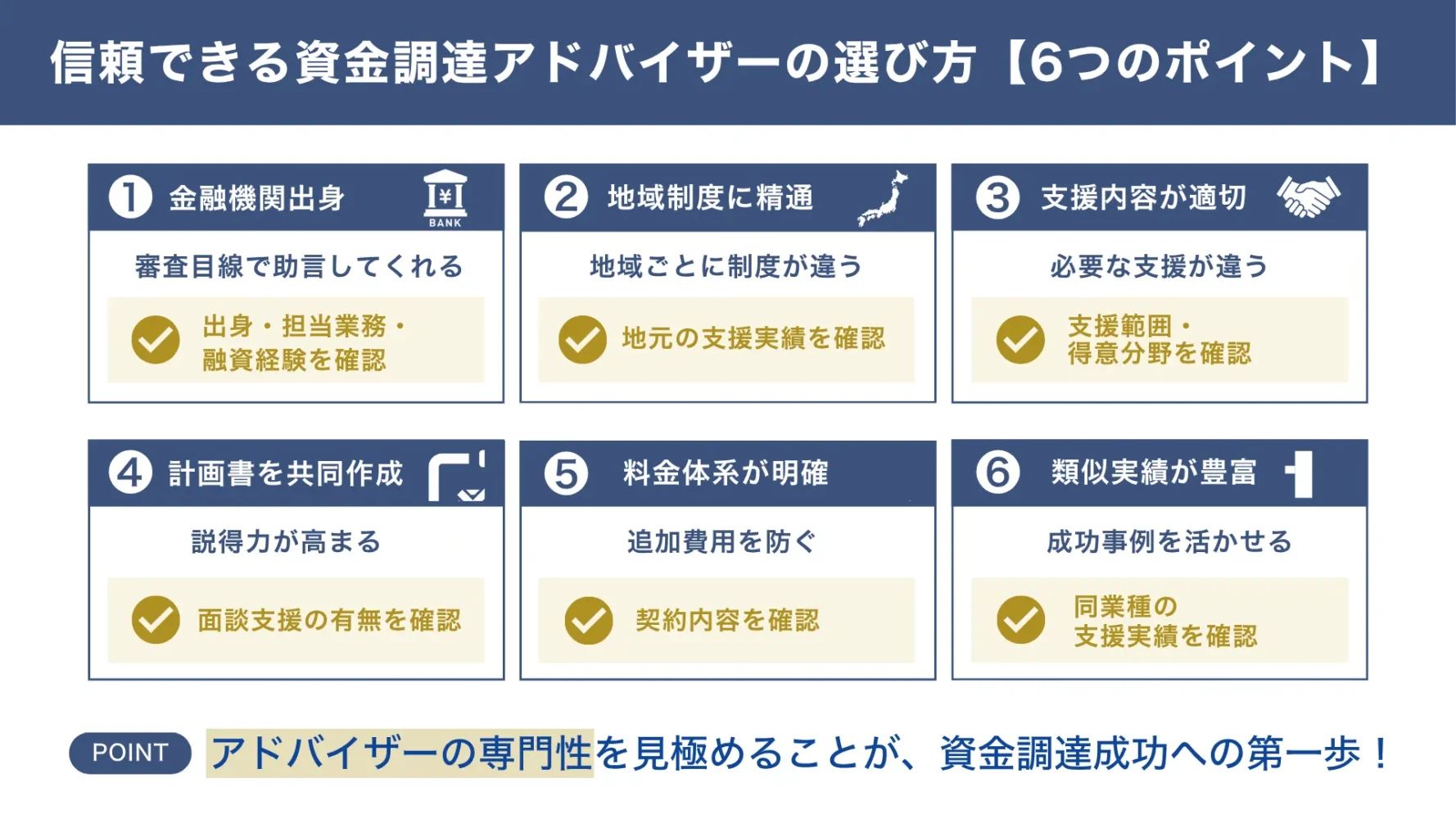 信頼できる資金調達アドバイザーの選び方「6つのポイント」
