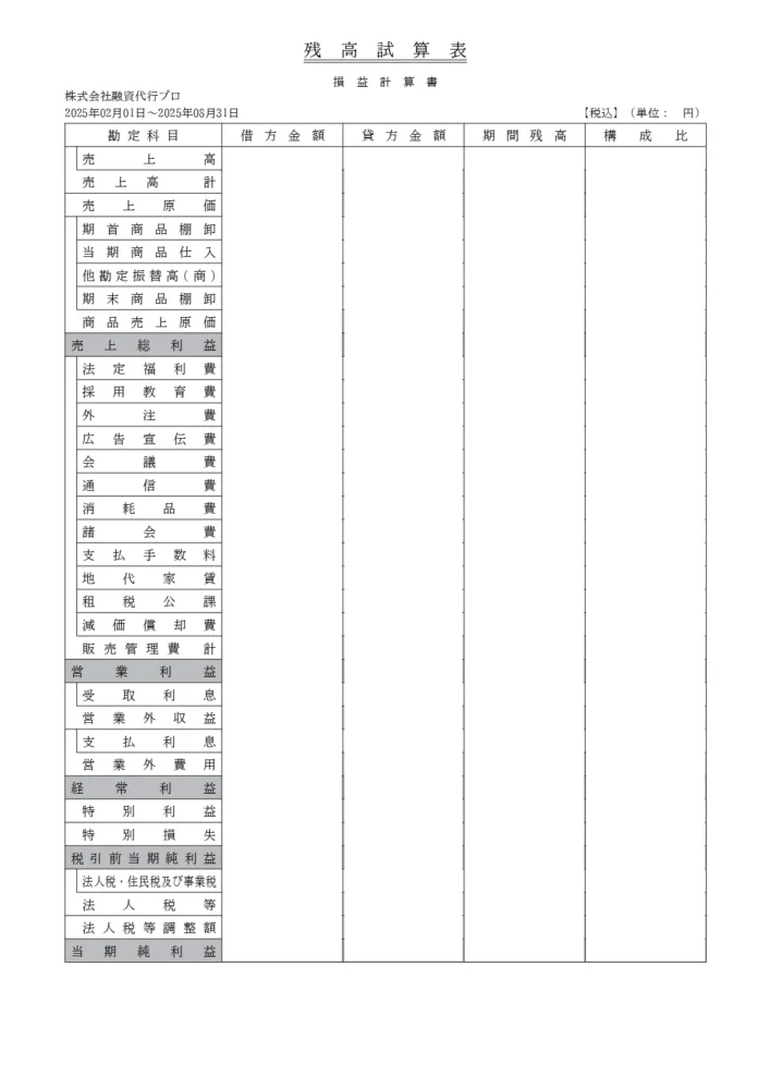 残高試算表：損益計算書_株式会社融資代行プロ