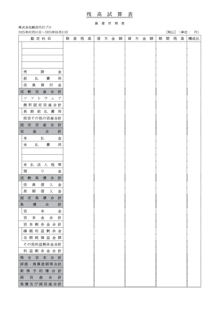 残高試算表：貸借対照表_株式会社融資代行プロ