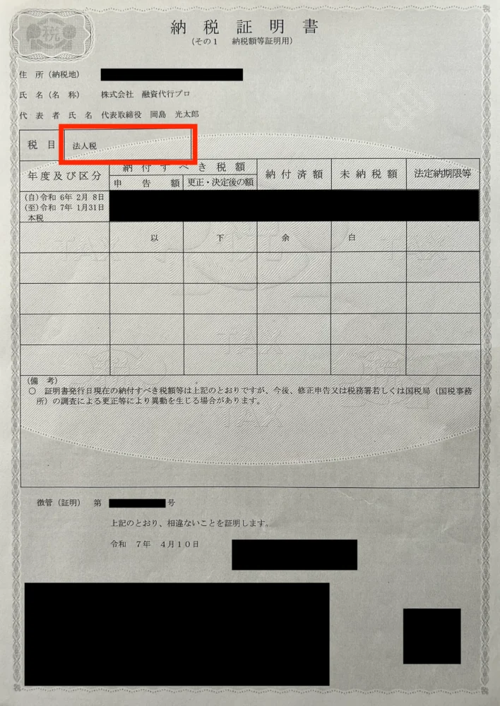 納税証明書その1「法人税」_株式会社融資代行プロ