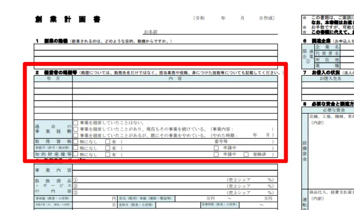 経営者の略歴等_日本政策金融公庫の創業計画書